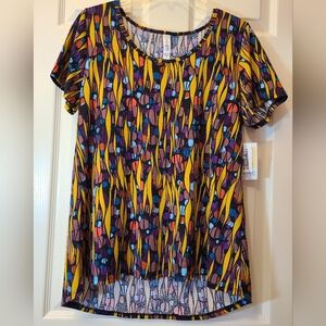 NWT LuLaRoe Classic T Jewel Tone Colors Blue Plum Circles Mustard Ribbons Print